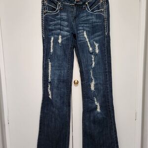 Trendy Distressed Blue Flare Jeans